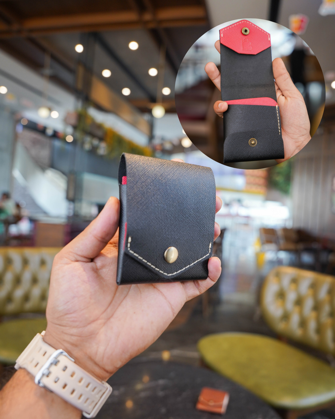 Handcrafted Genuine Black & Red Leather Wallet with free leather keychain | slim & compact design