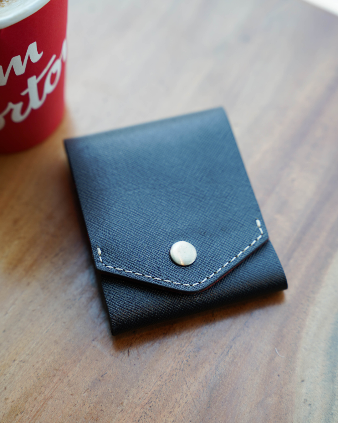 Handcrafted Genuine Black & Red Leather Wallet with free leather keychain | slim & compact design