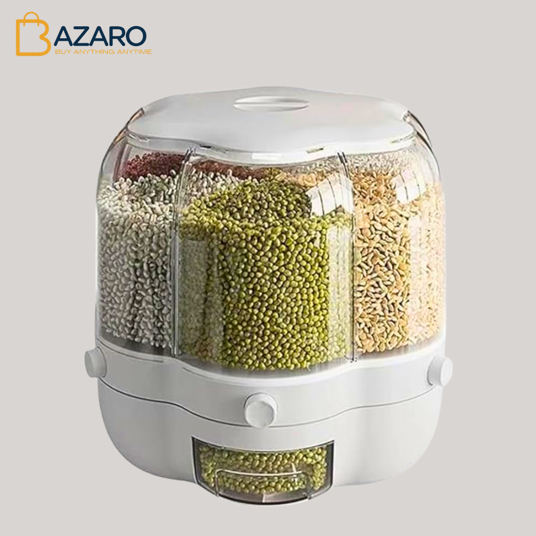 Grain and Rice Storage Container with Measuring Cup & Lid – 360° Rotating Dispenser Moisture-Proof Food Container for Rice, Beans, Cereals – Kitchen Organizer