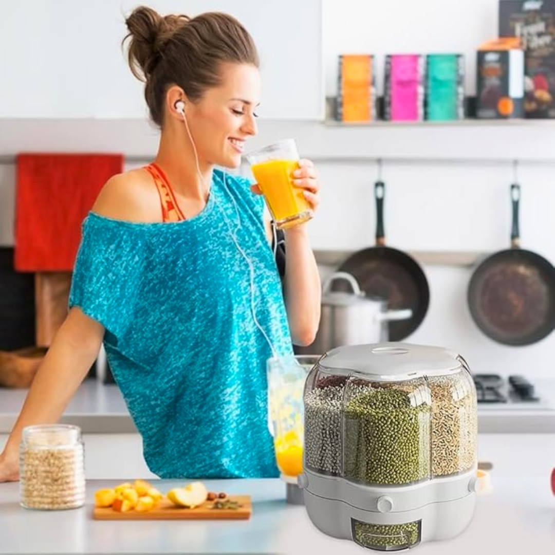 10 to 12 Liter Grain and Rice Storage Container with Measuring Cup & Lid – 360° Rotating Dispenser