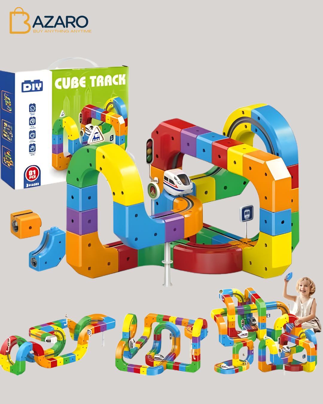 Train Track Fusion Set, Race Track with Cars, Flexible 3D Tracks Car Toys Loop 360° with Train and Traffic Signs DIY Anti-Gravity Building Track STEM Toy