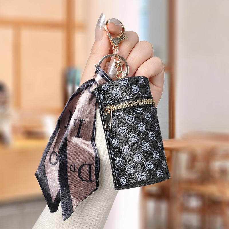 Monogram Print Leather Keychain Wallet – Mini Zipper Pouch with Silk Scarf Charm