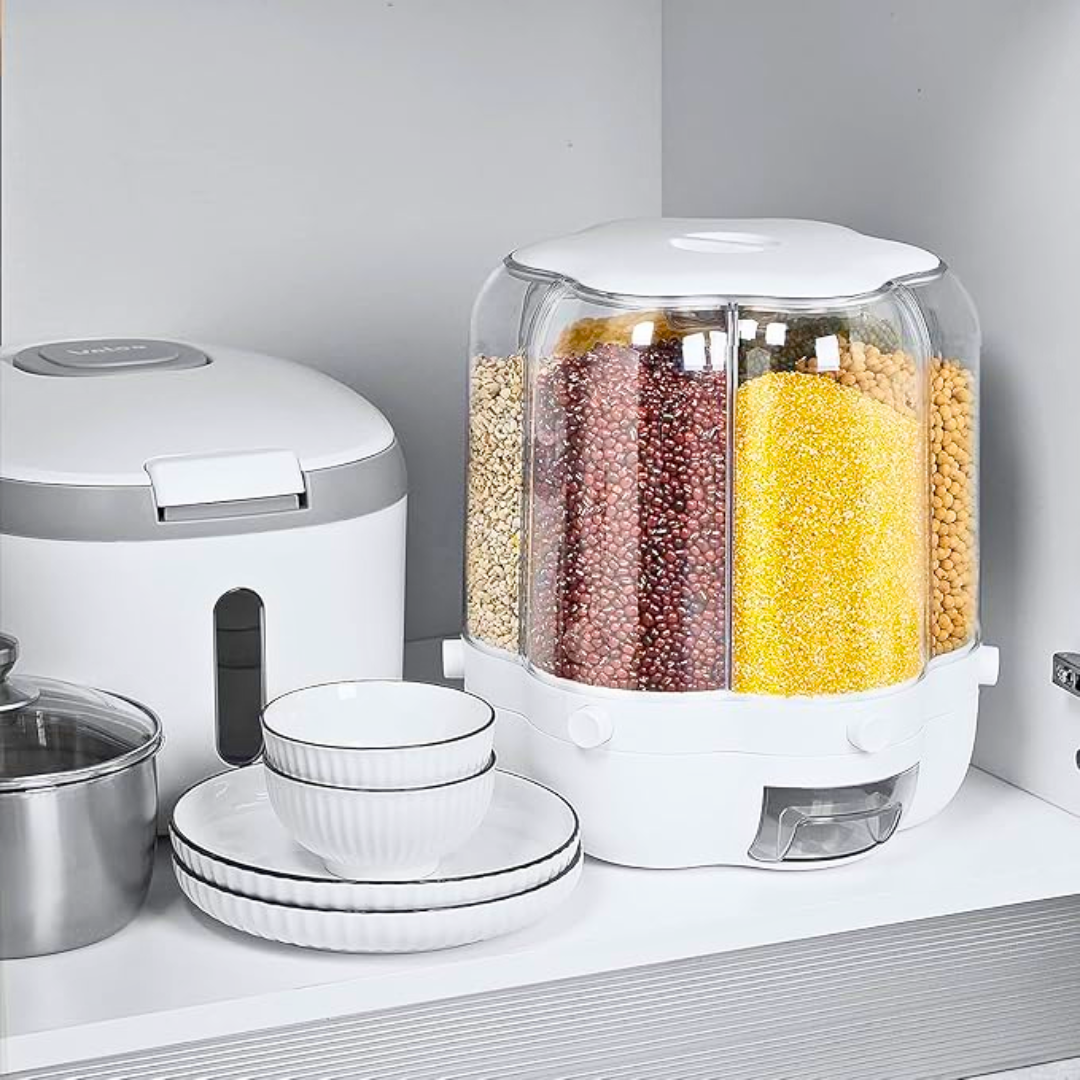 10 to 12 Liter Grain and Rice Storage Container with Measuring Cup & Lid – 360° Rotating Dispenser