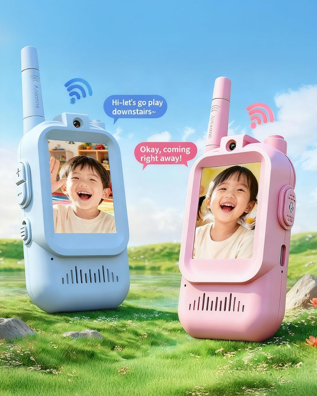 Kids Video Walkie Talkie Toy (pack of 2)(blue and pink) - 2.4G WiFi Rechargeable Handheld Intercom with 2-Inch Screen