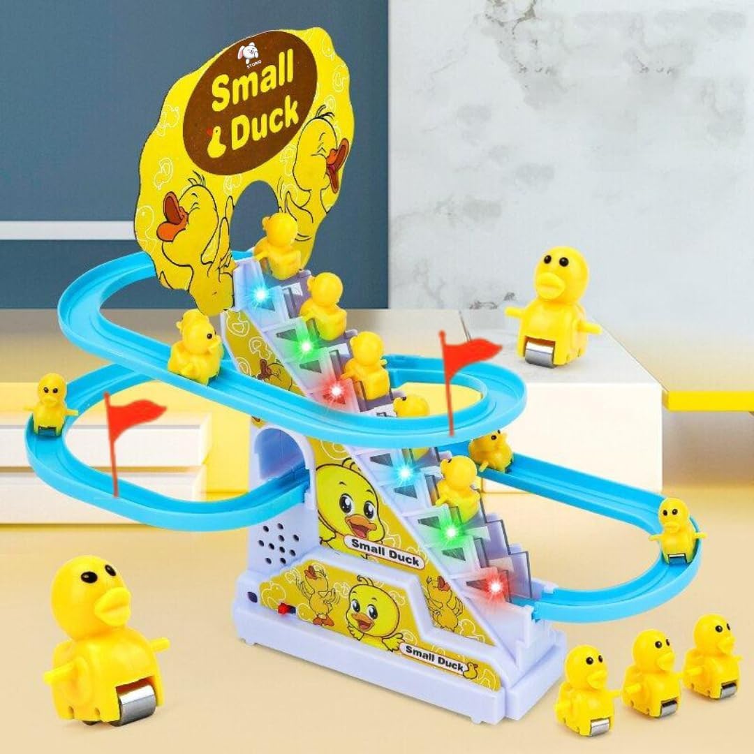 Duck Track Toys for Kids - Ducks Chasing Race Track Game Set - Small Ducks Stair Climbing Toys for Kids, Escalator Toy with Lights and Music - 3 Duck Included (Duck Track)
