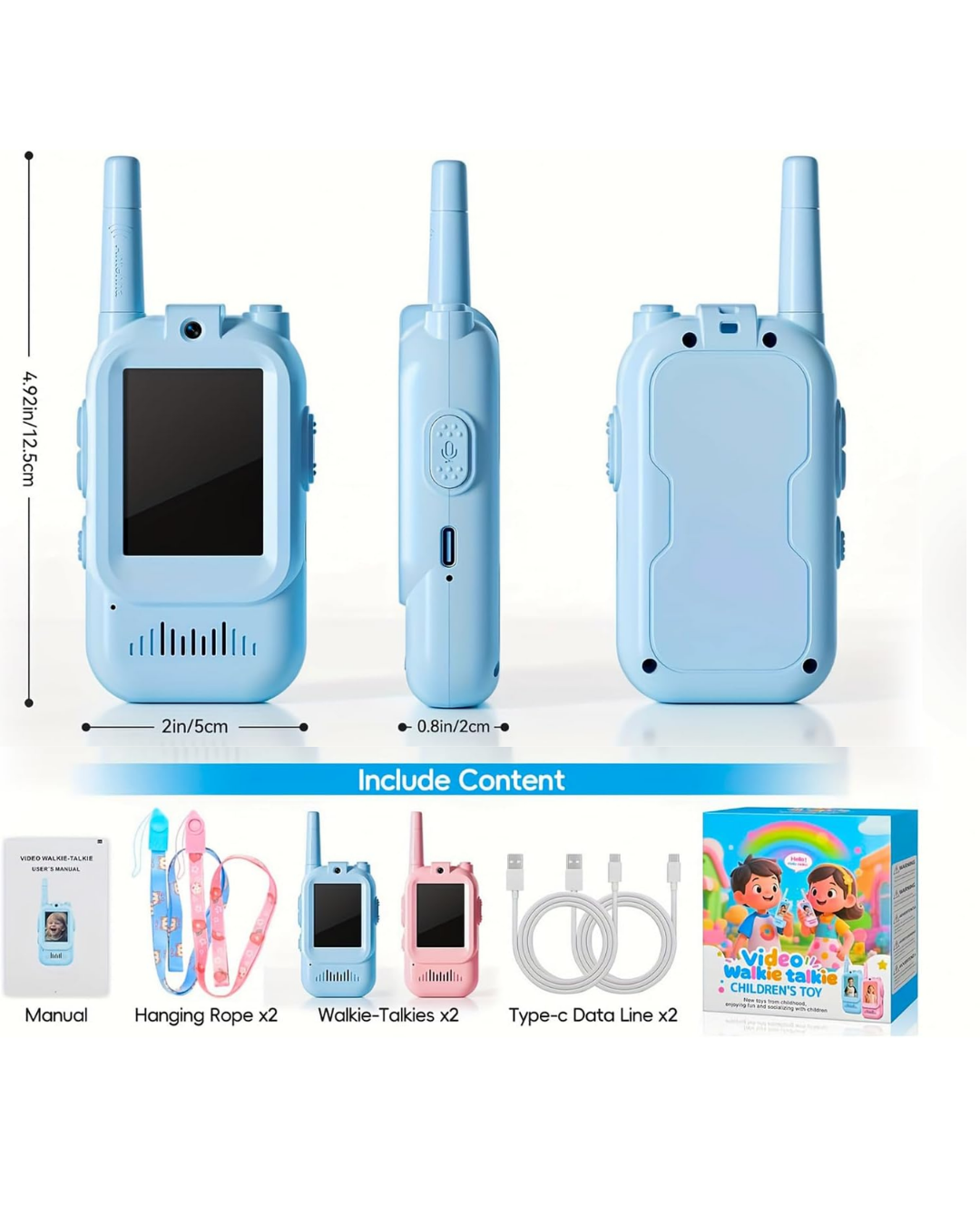 Kids Video Walkie Talkie Toy (pack of 2)(blue and pink) - 2.4G WiFi Rechargeable Handheld Intercom with 2-Inch Screen