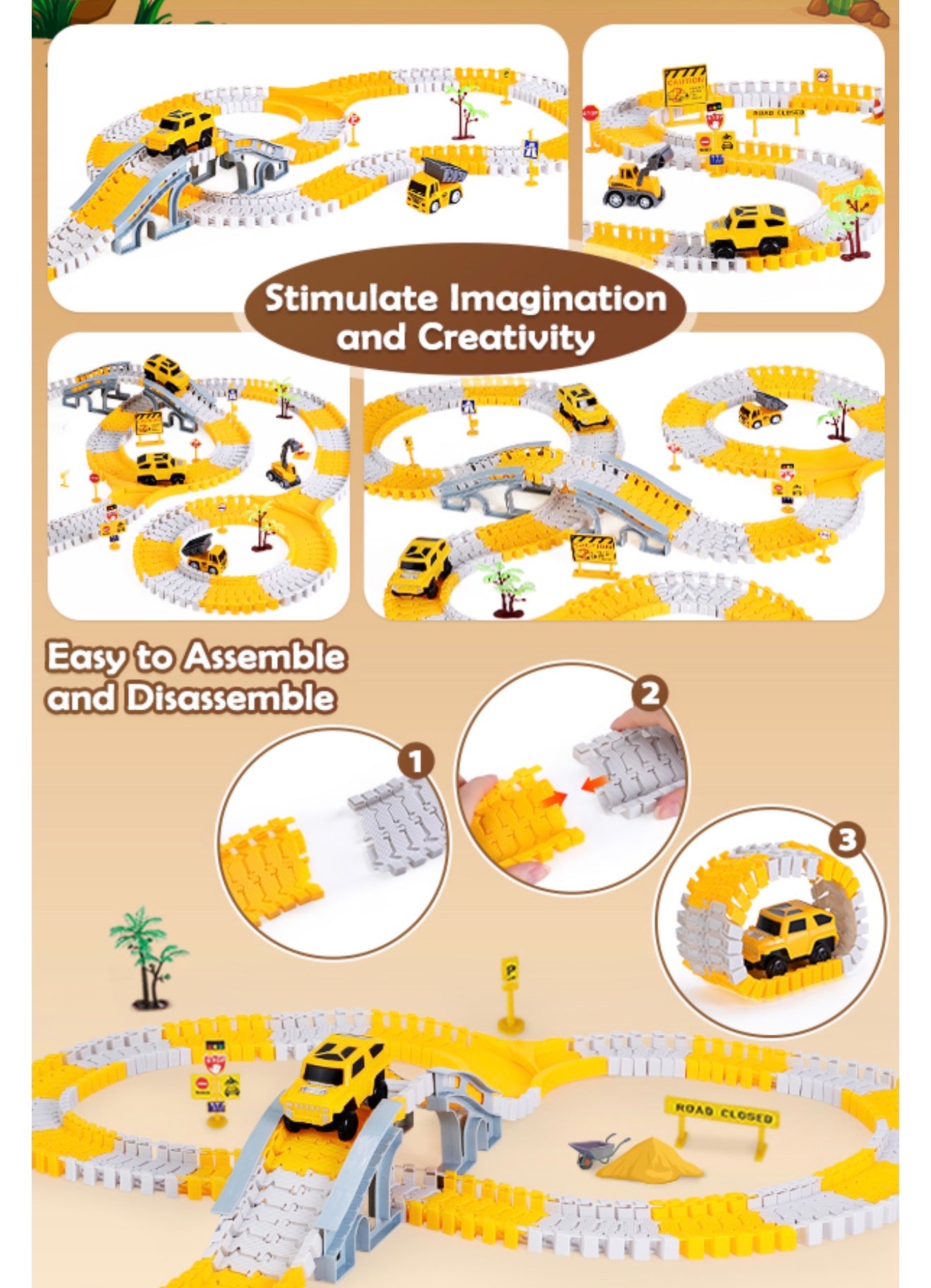 326 PCS Construction Race Tracks for Kids Toys, 2 Electric Cars, 4 Construction Cars, 1 Map & Flexible DIY Track Set, Engineering Gifts for 3 4 5 6 Year Old Boys Girls