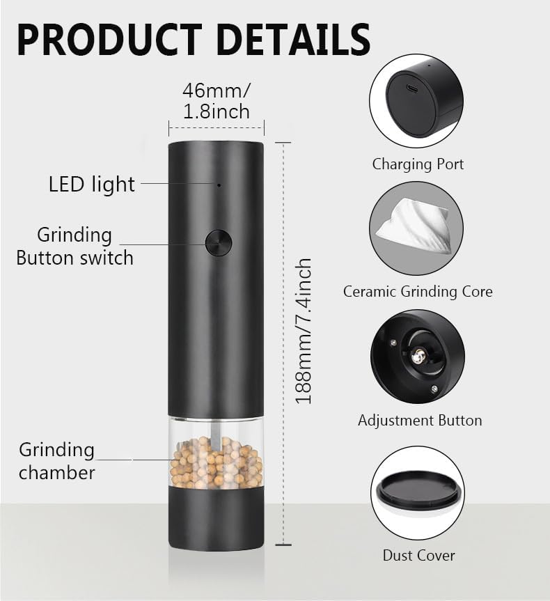Electric Salt and Pepper Grinder Set Automatic Battery Pepper Mill Shakers Adjustable Coarseness Easy Filling Upgraded Larger Capacity with Led