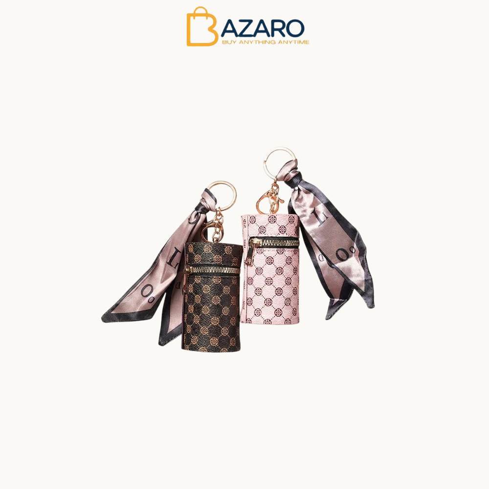 Monogram Print Leather Keychain Wallet – Mini Zipper Pouch with Silk Scarf Charm
