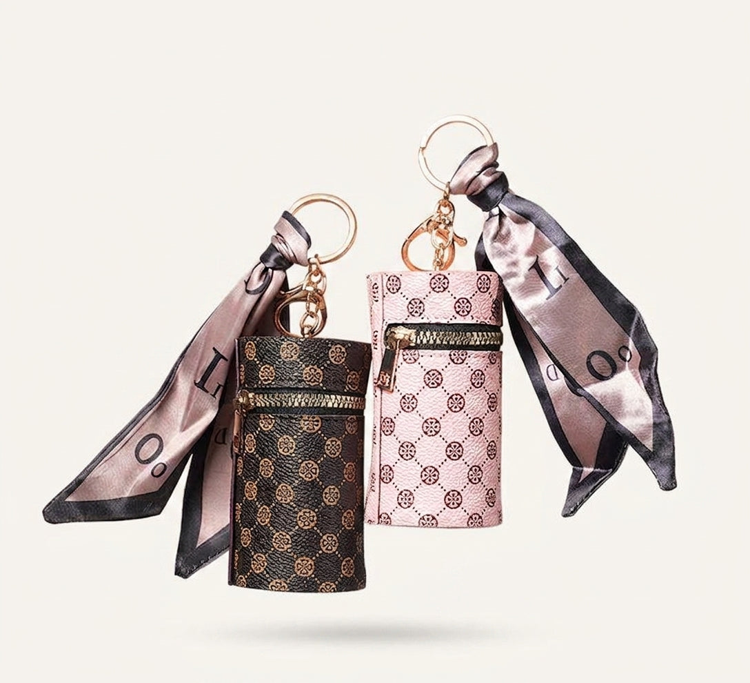 Monogram Print Leather Keychain Wallet – Mini Zipper Pouch with Silk Scarf Charm