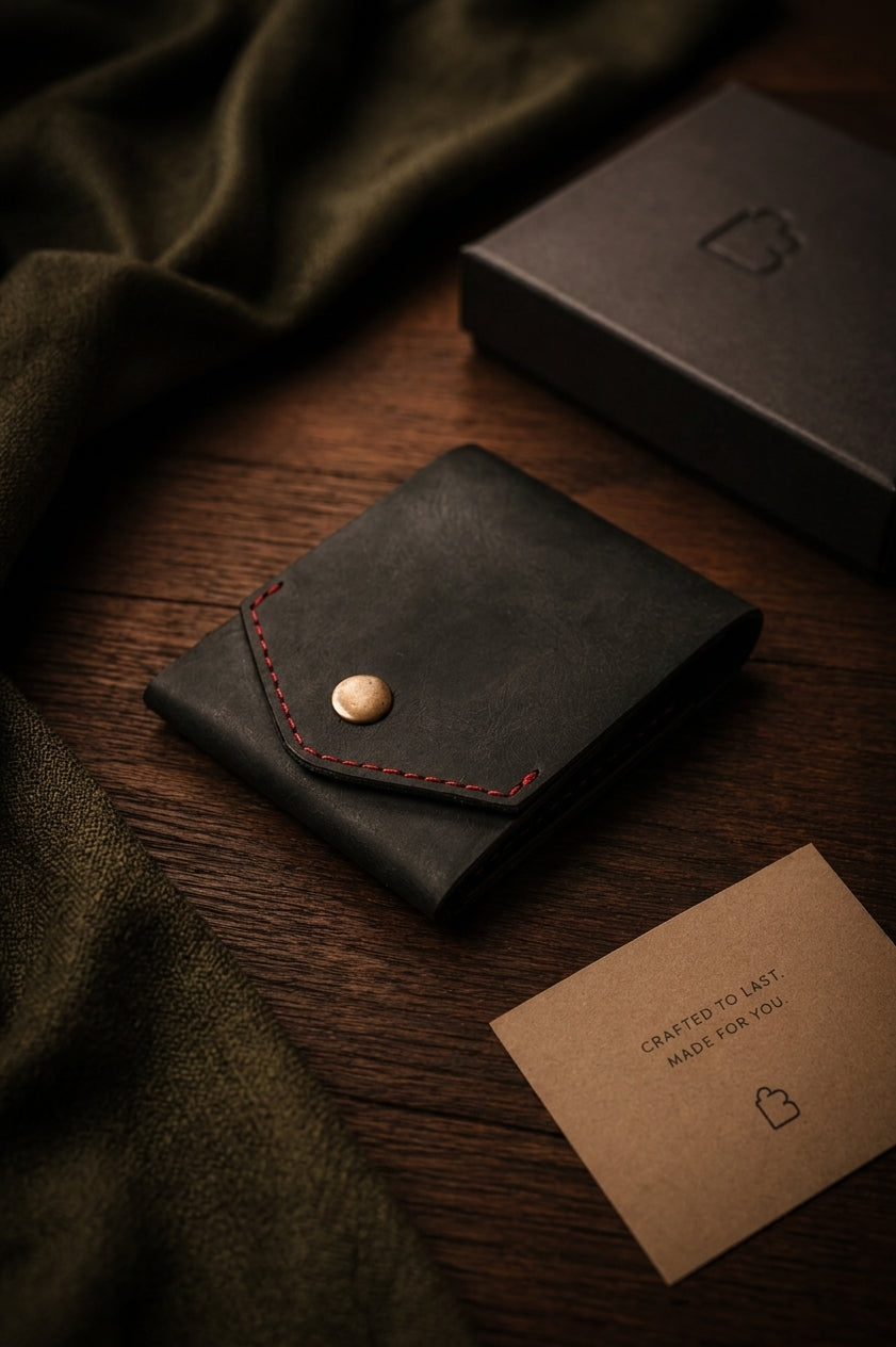 Phantom Noir | Handcrafted Genuine Matte Black Leather Wallet with free leather keychain | slim & compact design