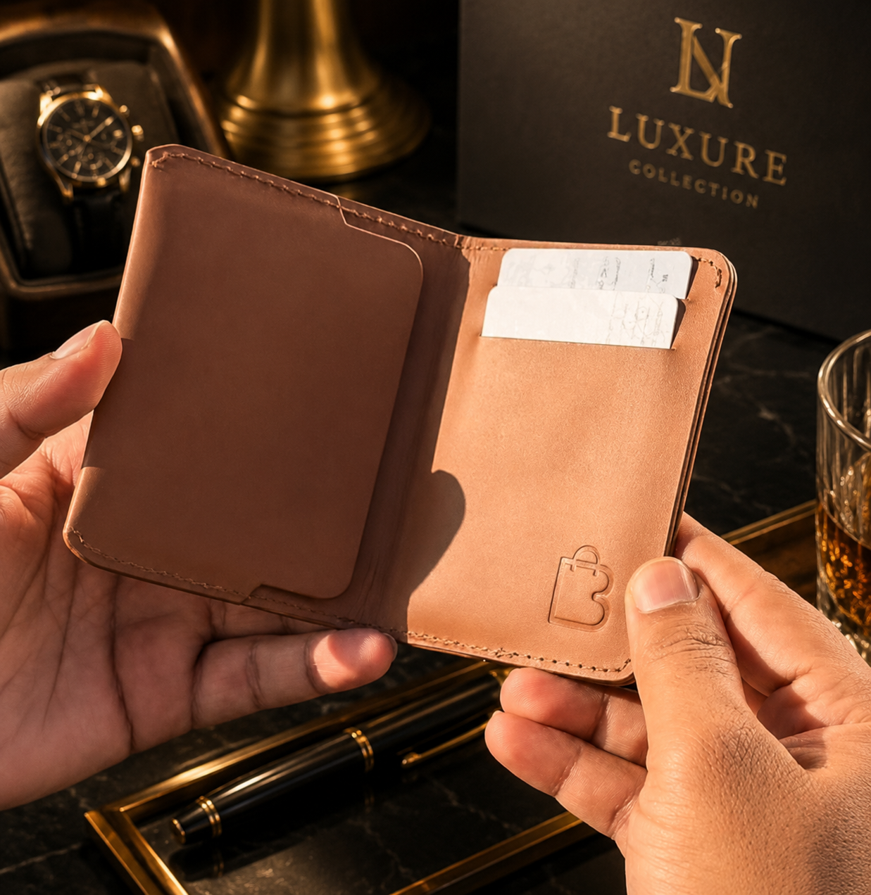 Golden Dune Card Holder | Magnetic Leather Card | Hand Made Leather Card Holder