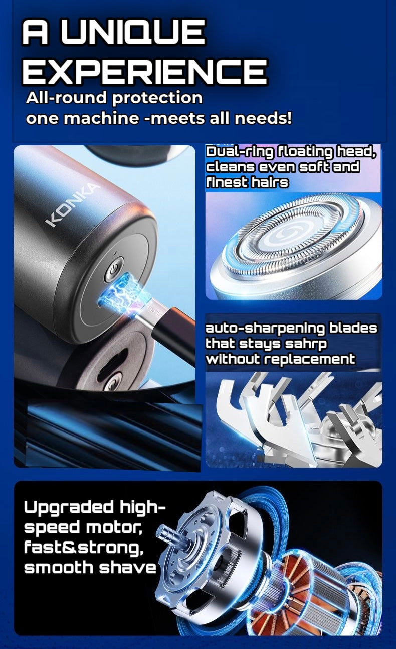 konka Electric Shaver | 3 Steel Blades | Anti Pinching | 2 Hour Battery life | Type C Charging