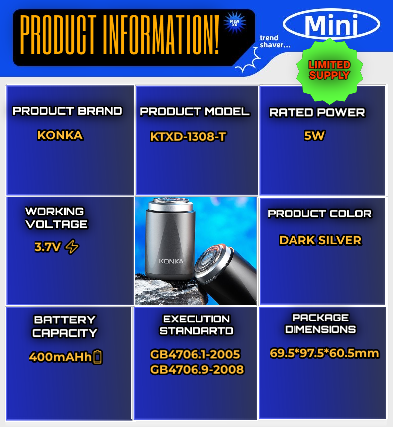 konka Electric Shaver | 3 Steel Blades | Anti Pinching | 2 Hour Battery life | Type C Charging