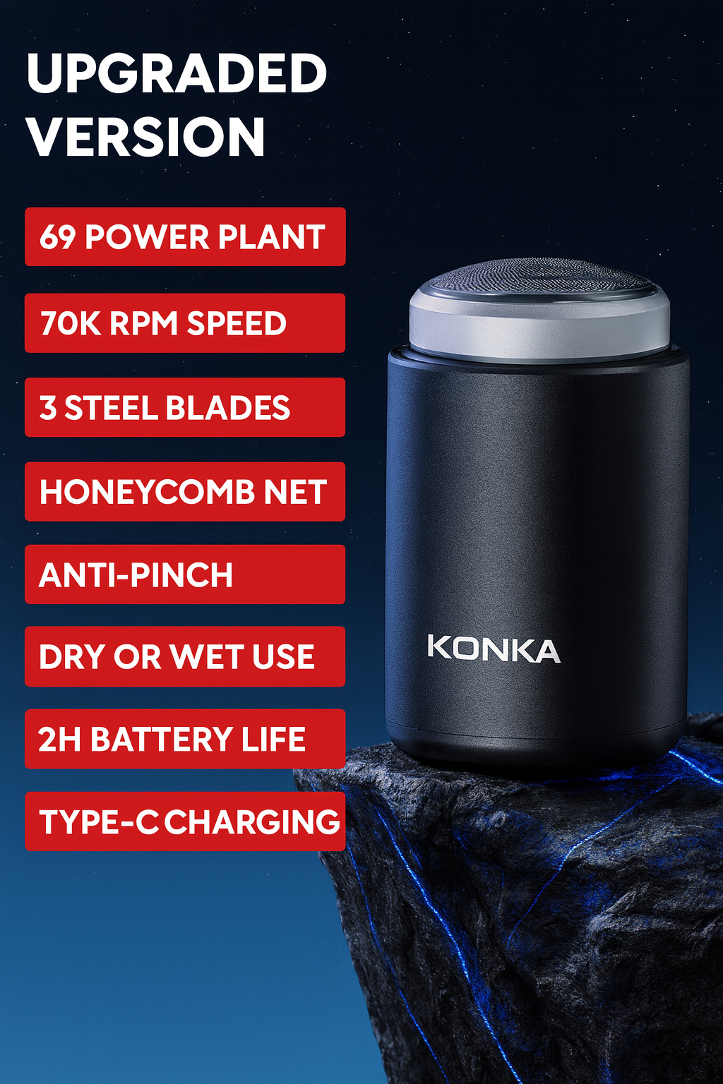 konka Electric Shaver | 3 Steel Blades | Anti Pinching | 2 Hour Battery life | Type C Charging