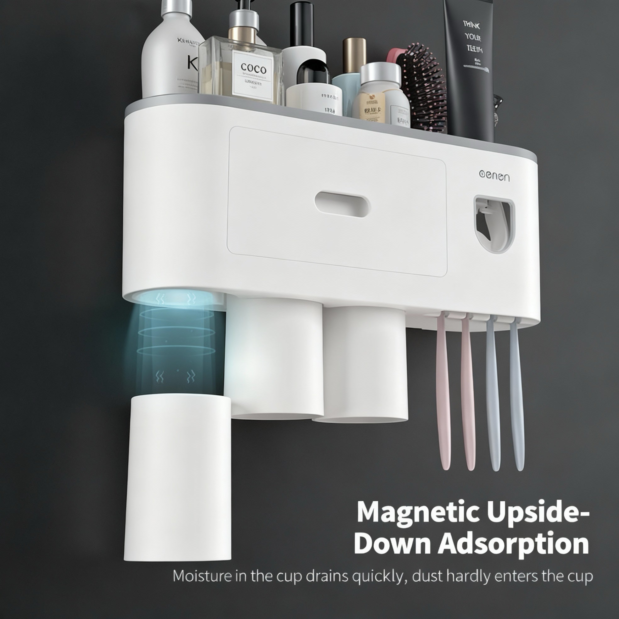 Wall Mount Toothbrush Holder,Double Auto Toothpaste Dispensers, with 3 Magnetic Cups 6 Brush Slots, Large Storage Tray and Cosmetic Drawer Organizer Toothbrush Holder for Bathroom