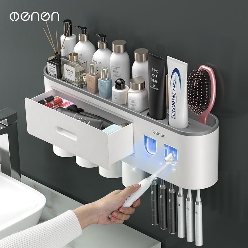 Wall Mount Toothbrush Holder,Double Auto Toothpaste Dispensers, with 3 Magnetic Cups 6 Brush Slots, Large Storage Tray and Cosmetic Drawer Organizer Toothbrush Holder for Bathroom