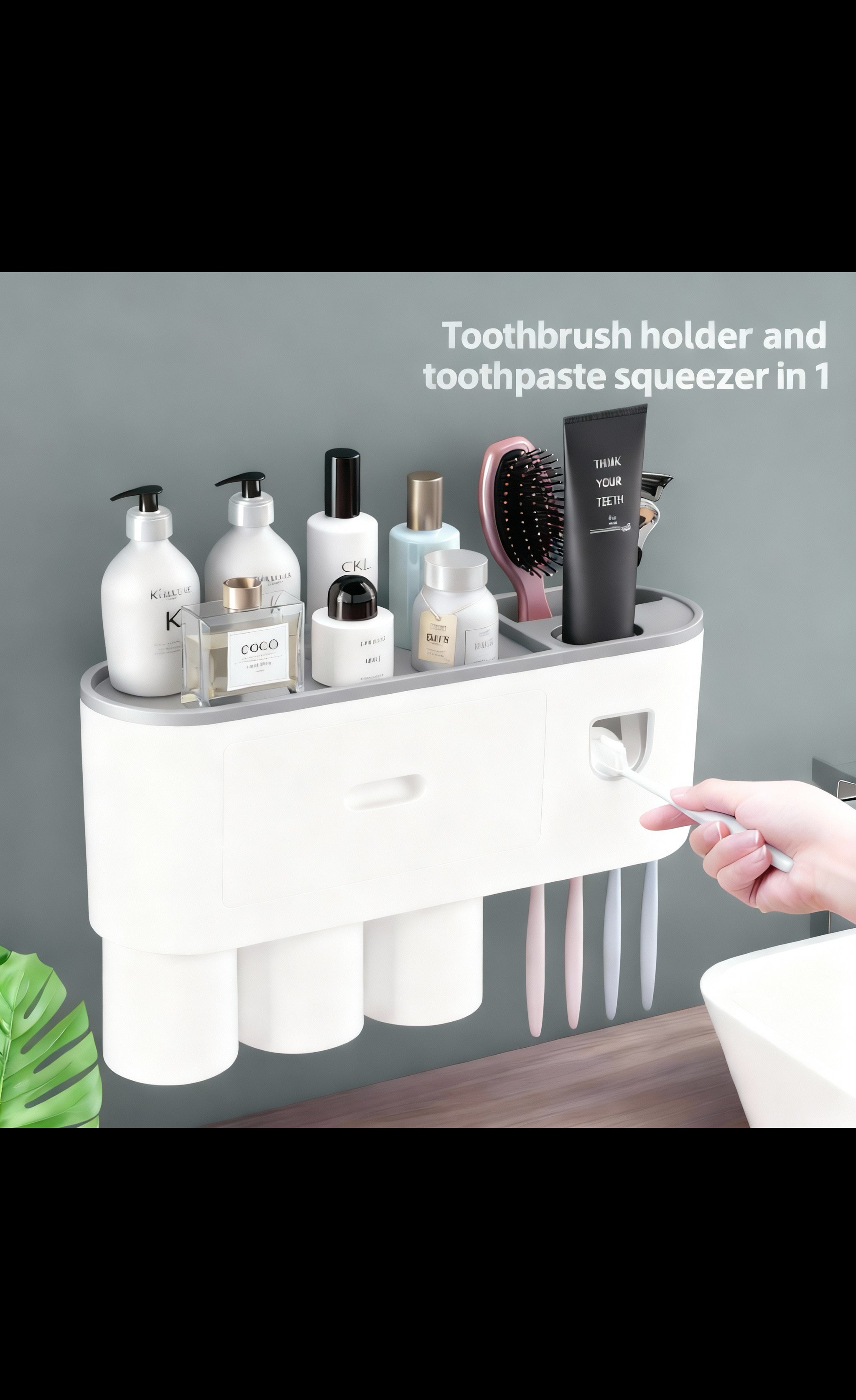 Wall Mount Toothbrush Holder,Double Auto Toothpaste Dispensers, with 3 Magnetic Cups 6 Brush Slots, Large Storage Tray and Cosmetic Drawer Organizer Toothbrush Holder for Bathroom