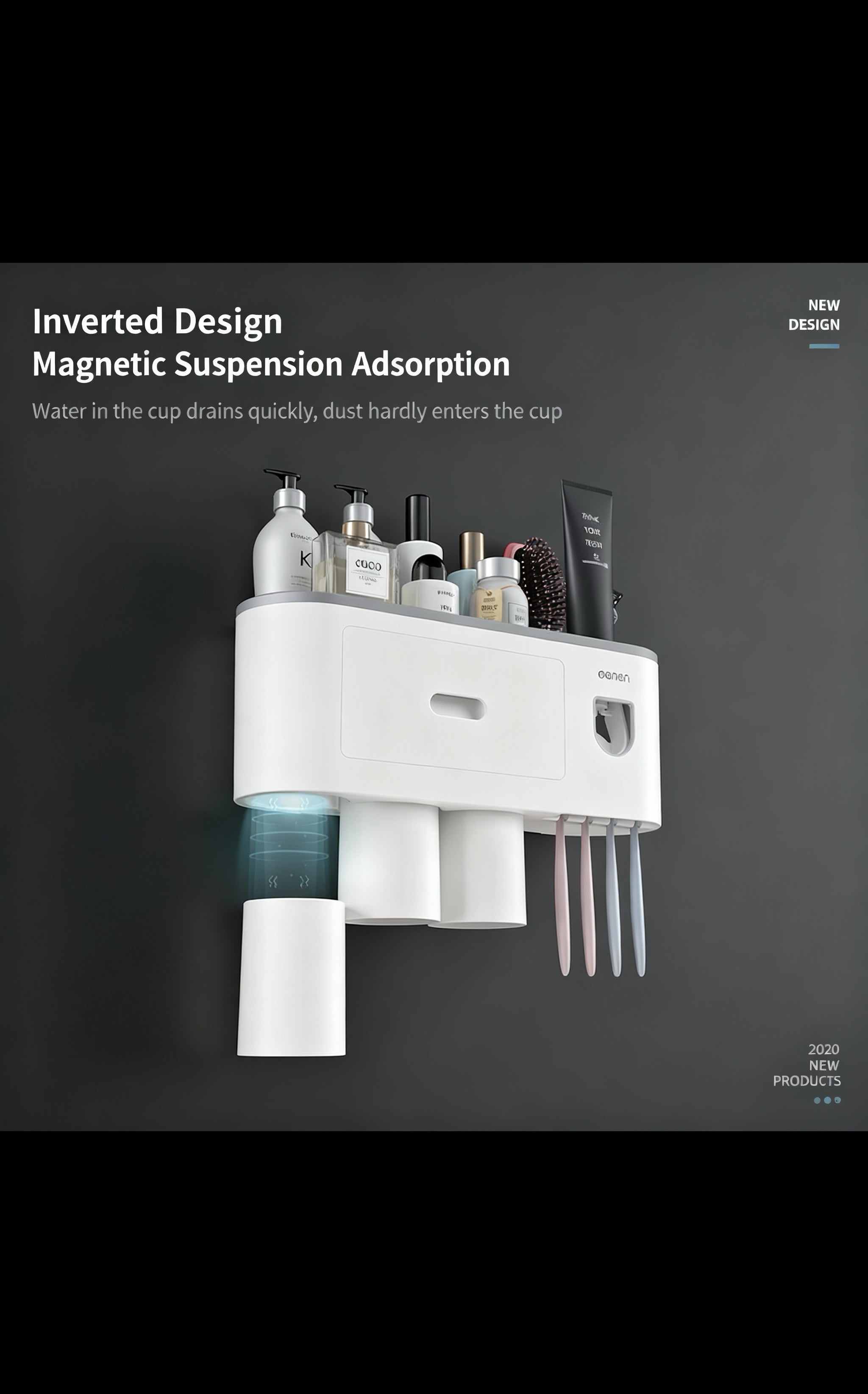 Wall Mount Toothbrush Holder,Double Auto Toothpaste Dispensers, with 3 Magnetic Cups 6 Brush Slots, Large Storage Tray and Cosmetic Drawer Organizer Toothbrush Holder for Bathroom