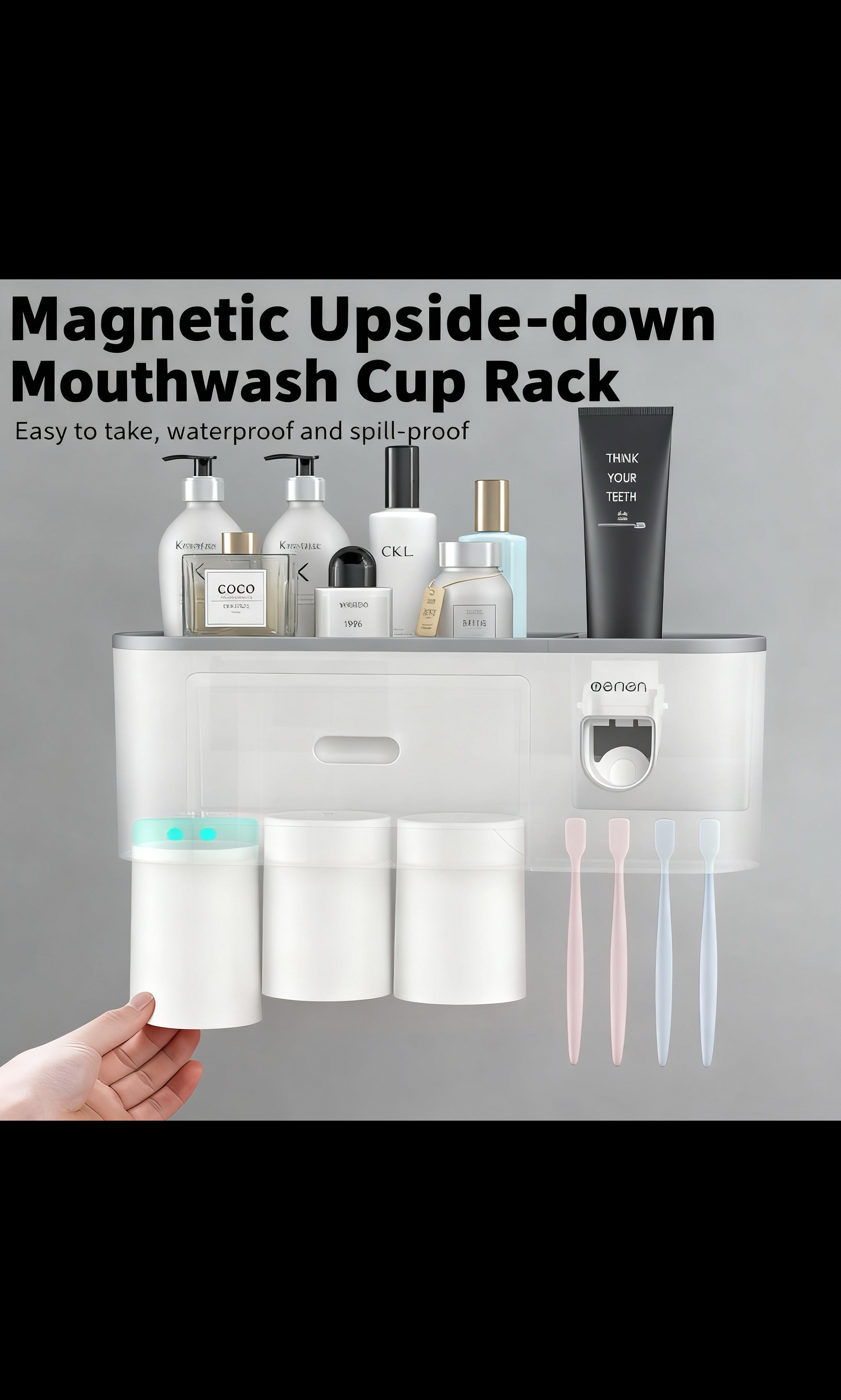 Wall Mount Toothbrush Holder,Double Auto Toothpaste Dispensers, with 3 Magnetic Cups 6 Brush Slots, Large Storage Tray and Cosmetic Drawer Organizer Toothbrush Holder for Bathroom