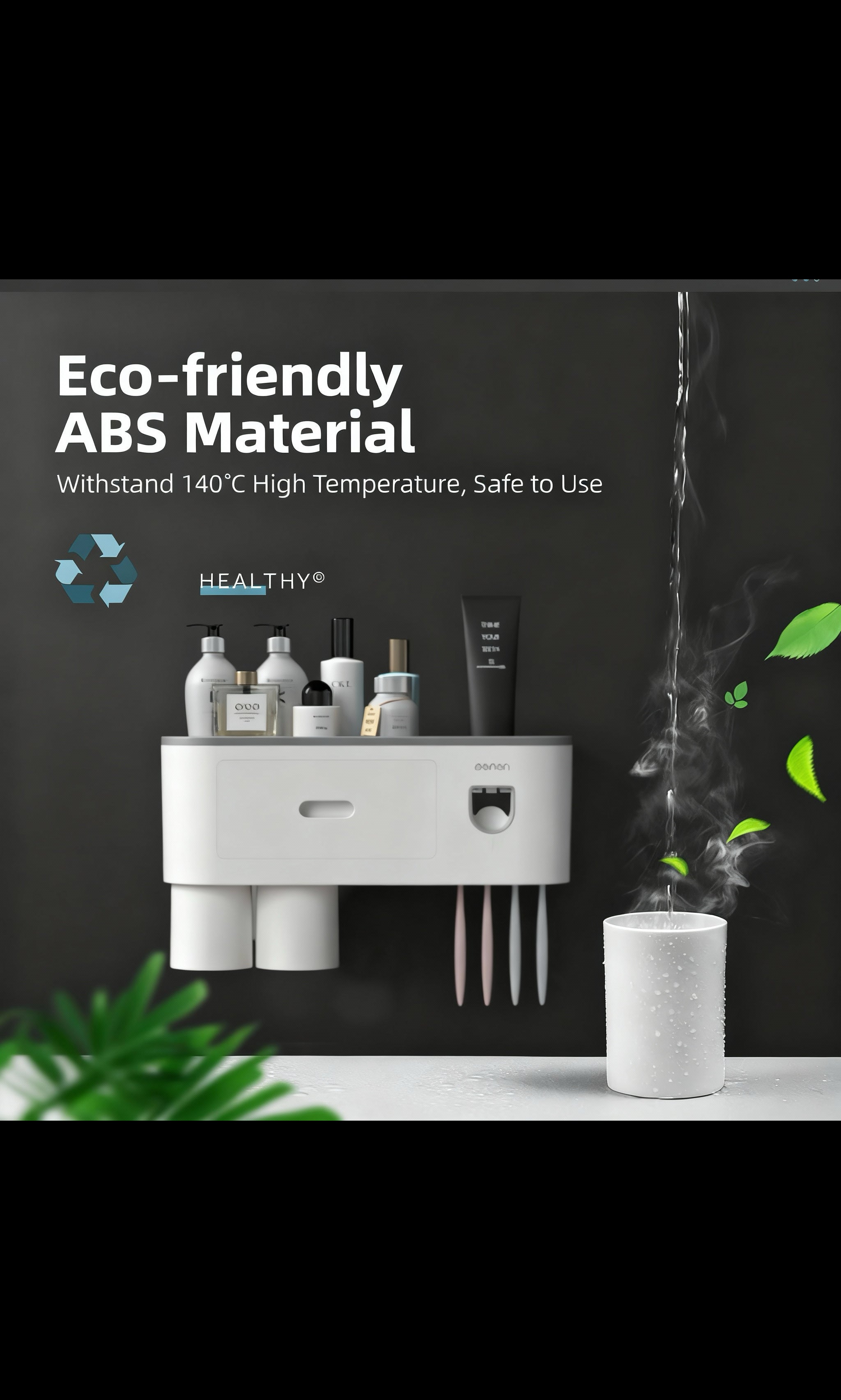 Wall Mount Toothbrush Holder,Double Auto Toothpaste Dispensers, with 3 Magnetic Cups 6 Brush Slots, Large Storage Tray and Cosmetic Drawer Organizer Toothbrush Holder for Bathroom