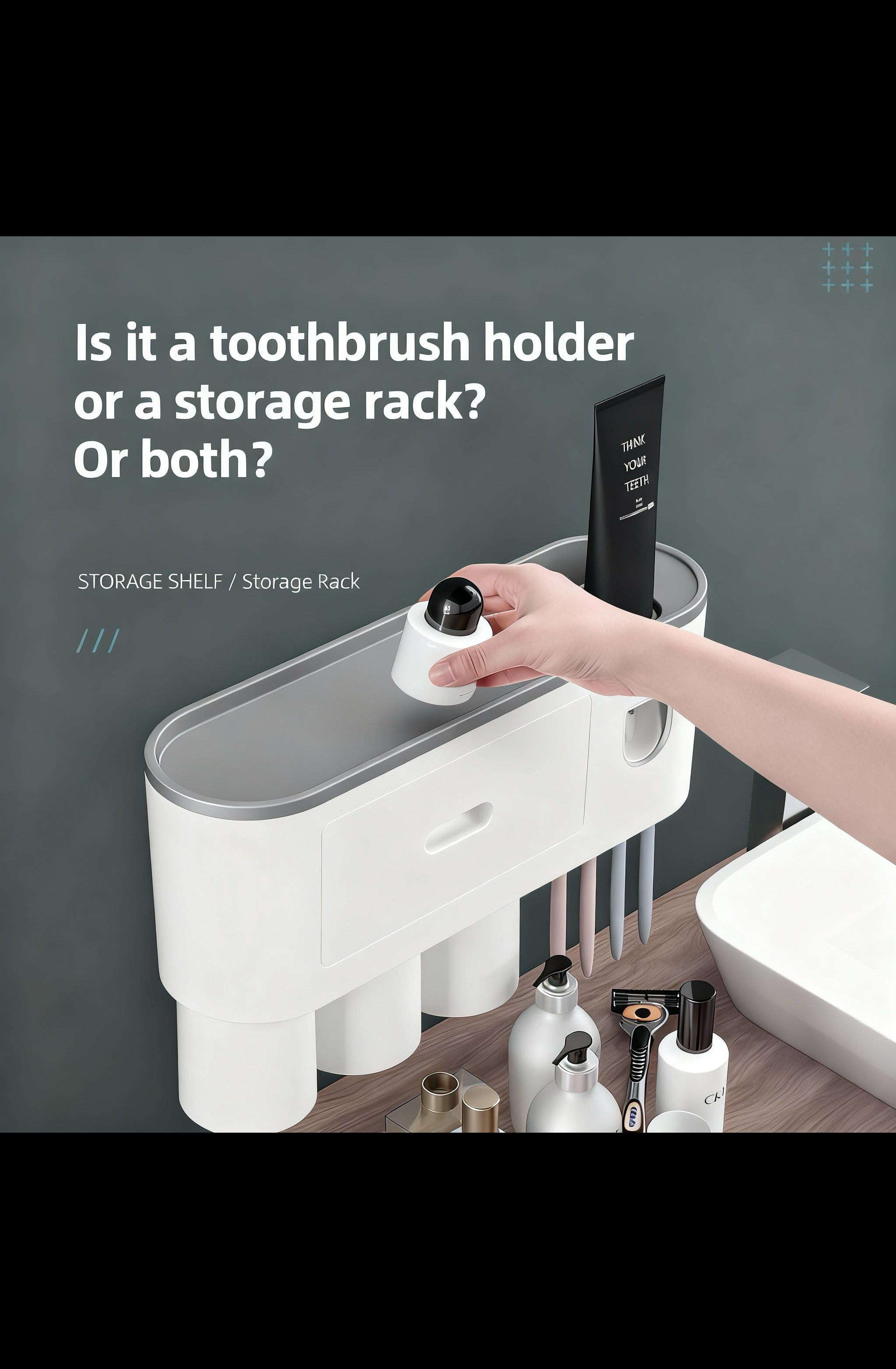 Wall Mount Toothbrush Holder,Double Auto Toothpaste Dispensers, with 3 Magnetic Cups 6 Brush Slots, Large Storage Tray and Cosmetic Drawer Organizer Toothbrush Holder for Bathroom