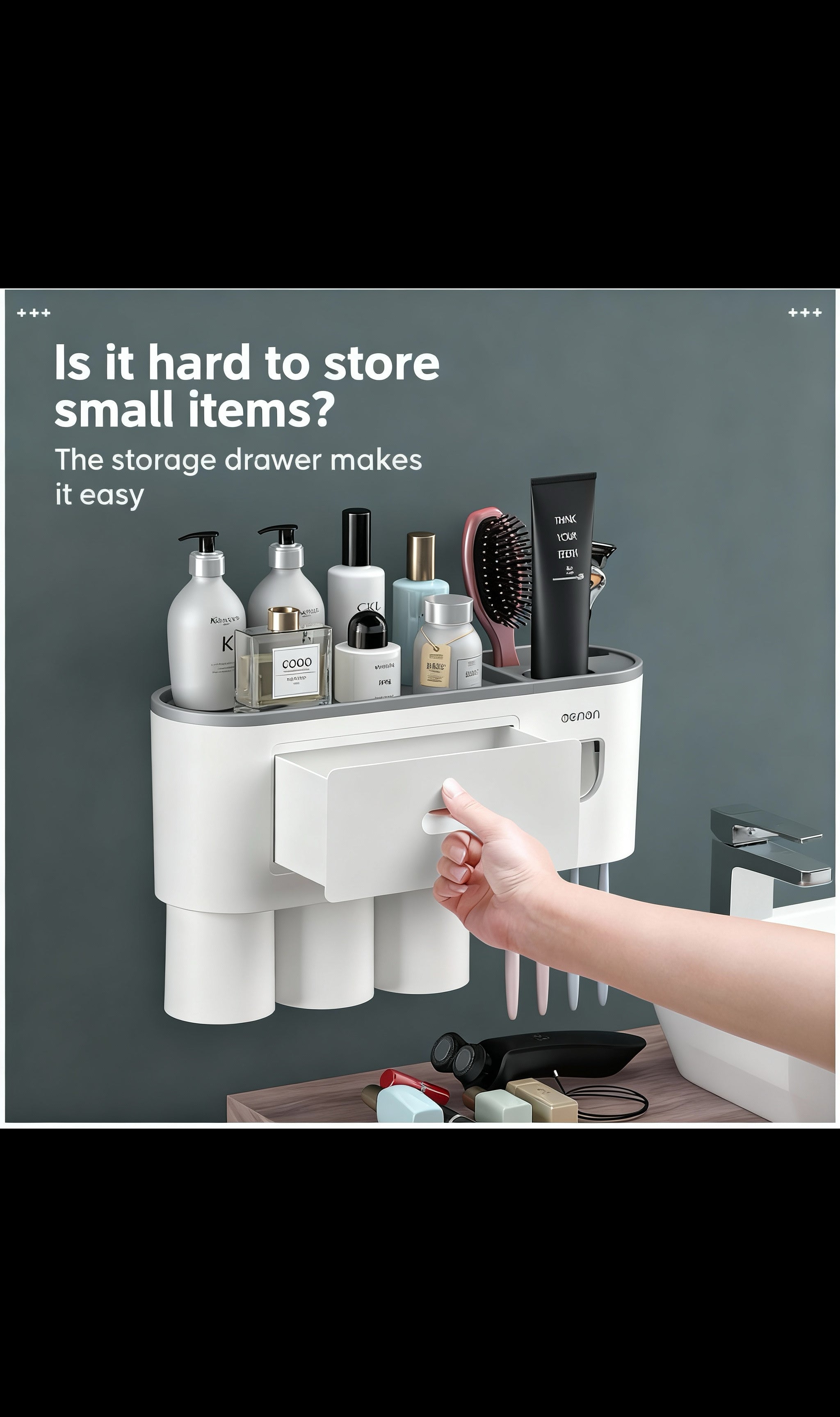 Wall Mount Toothbrush Holder,Double Auto Toothpaste Dispensers, with 3 Magnetic Cups 6 Brush Slots, Large Storage Tray and Cosmetic Drawer Organizer Toothbrush Holder for Bathroom