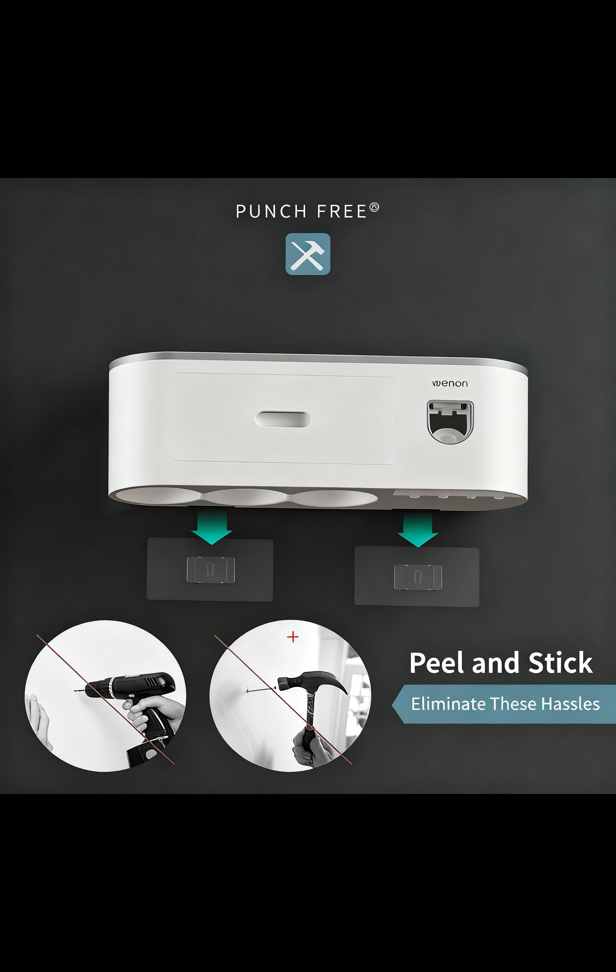 Wall Mount Toothbrush Holder,Double Auto Toothpaste Dispensers, with 3 Magnetic Cups 6 Brush Slots, Large Storage Tray and Cosmetic Drawer Organizer Toothbrush Holder for Bathroom