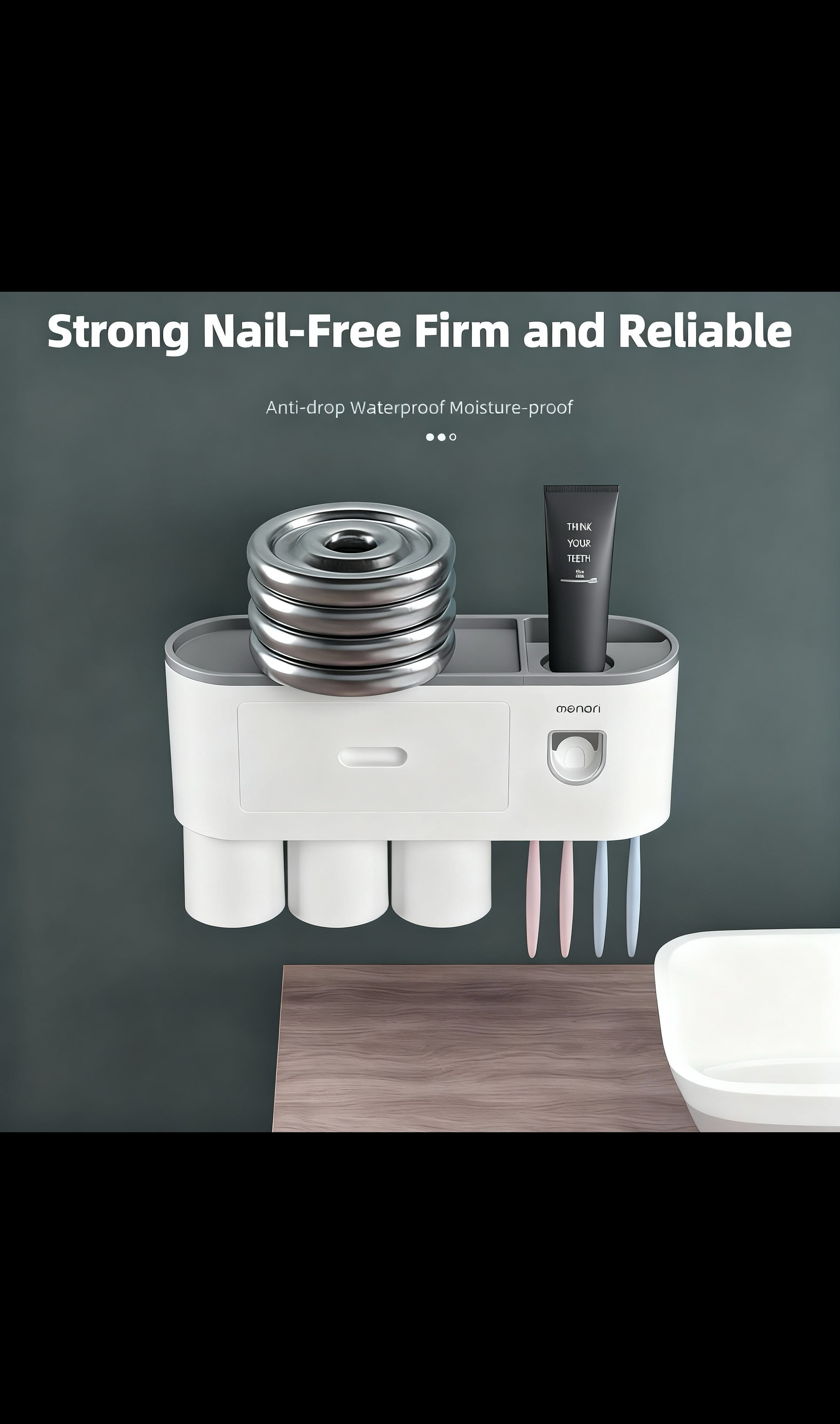 Wall Mount Toothbrush Holder,Double Auto Toothpaste Dispensers, with 3 Magnetic Cups 6 Brush Slots, Large Storage Tray and Cosmetic Drawer Organizer Toothbrush Holder for Bathroom