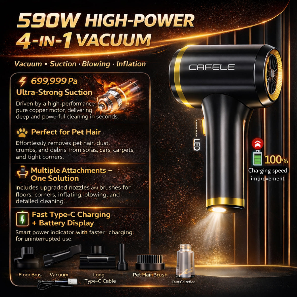 CAFELE 590W high-power 4-in-1 cordless vacuum cleaner - wireless, powerful cleaning, suitable for cleaning dust, debris, food residue