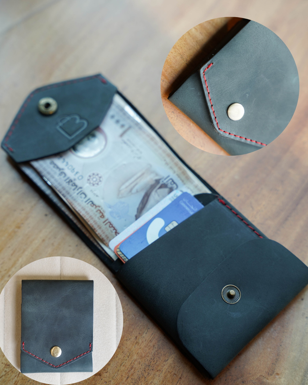 Handcrafted Genuine Matte Black Leather Wallet with free leather keychain | slim & compact design
