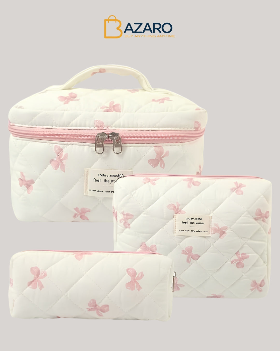 3PCS Cotton Quilted Makeup Bag, Cute Floral Cosmetic Bag set