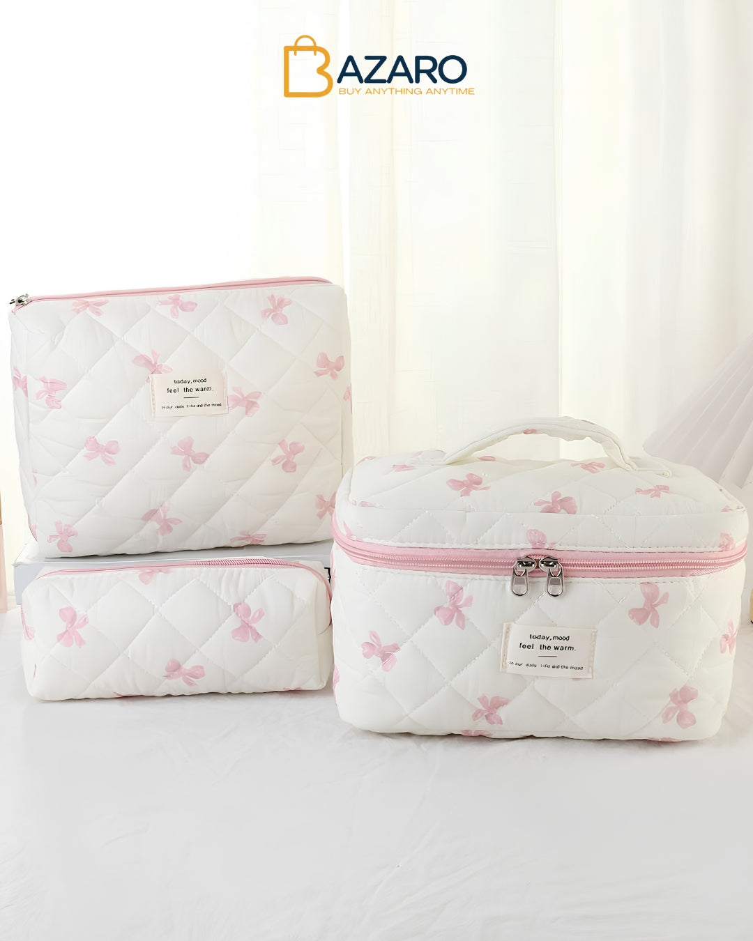3PCS Cotton Quilted Makeup Bag, Cute Floral Cosmetic Bag set