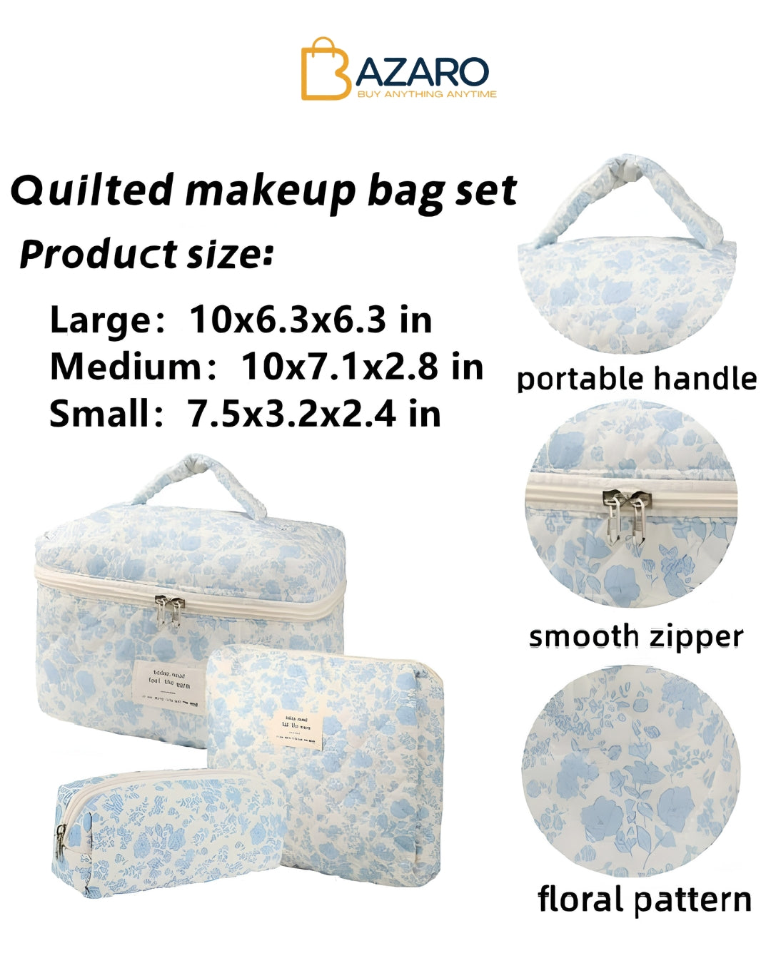 3PCS Cotton Quilted Makeup Bag, Cute Floral Cosmetic Bag set