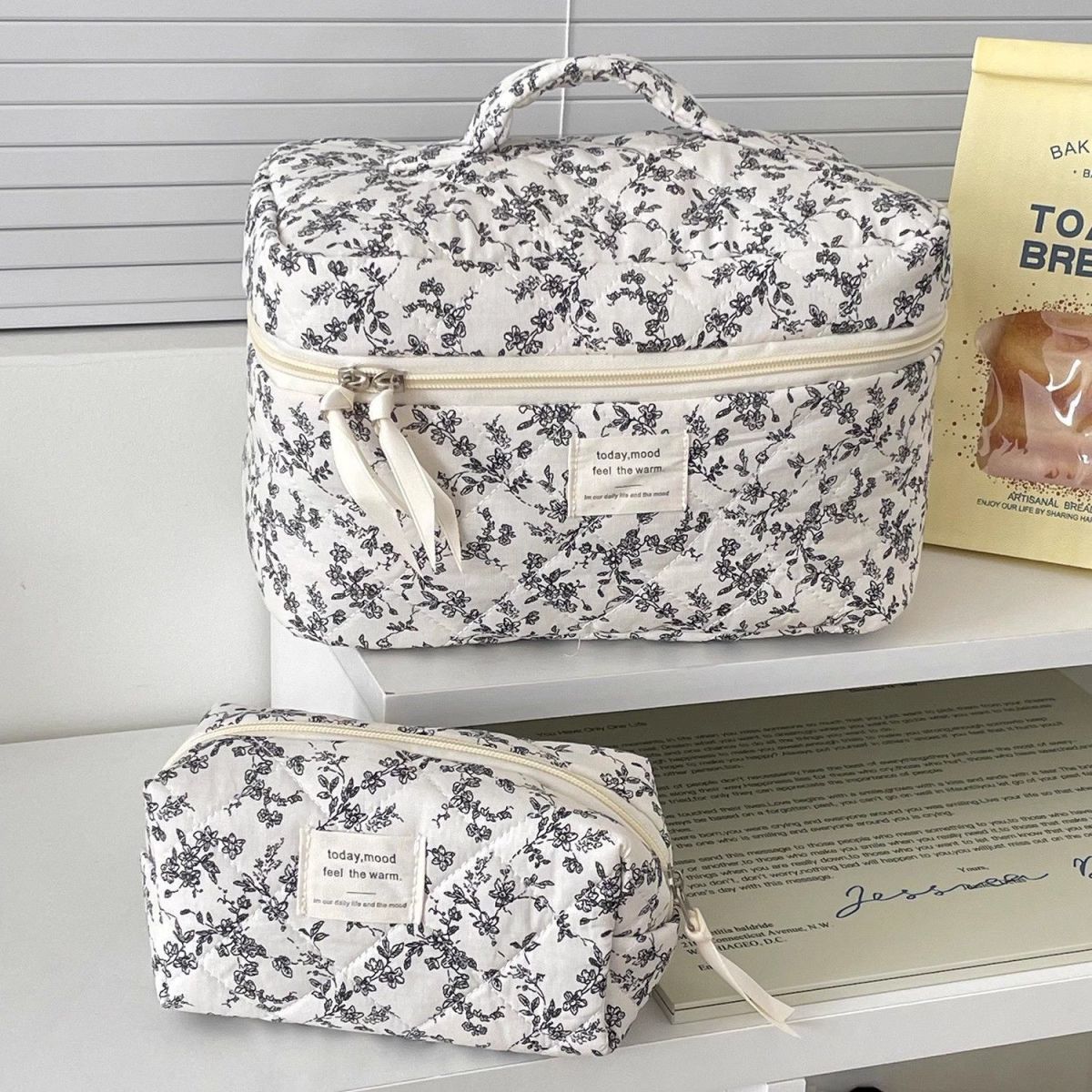 3 Pcs Cotton Quilted Makeup Bag Set (Black & White)