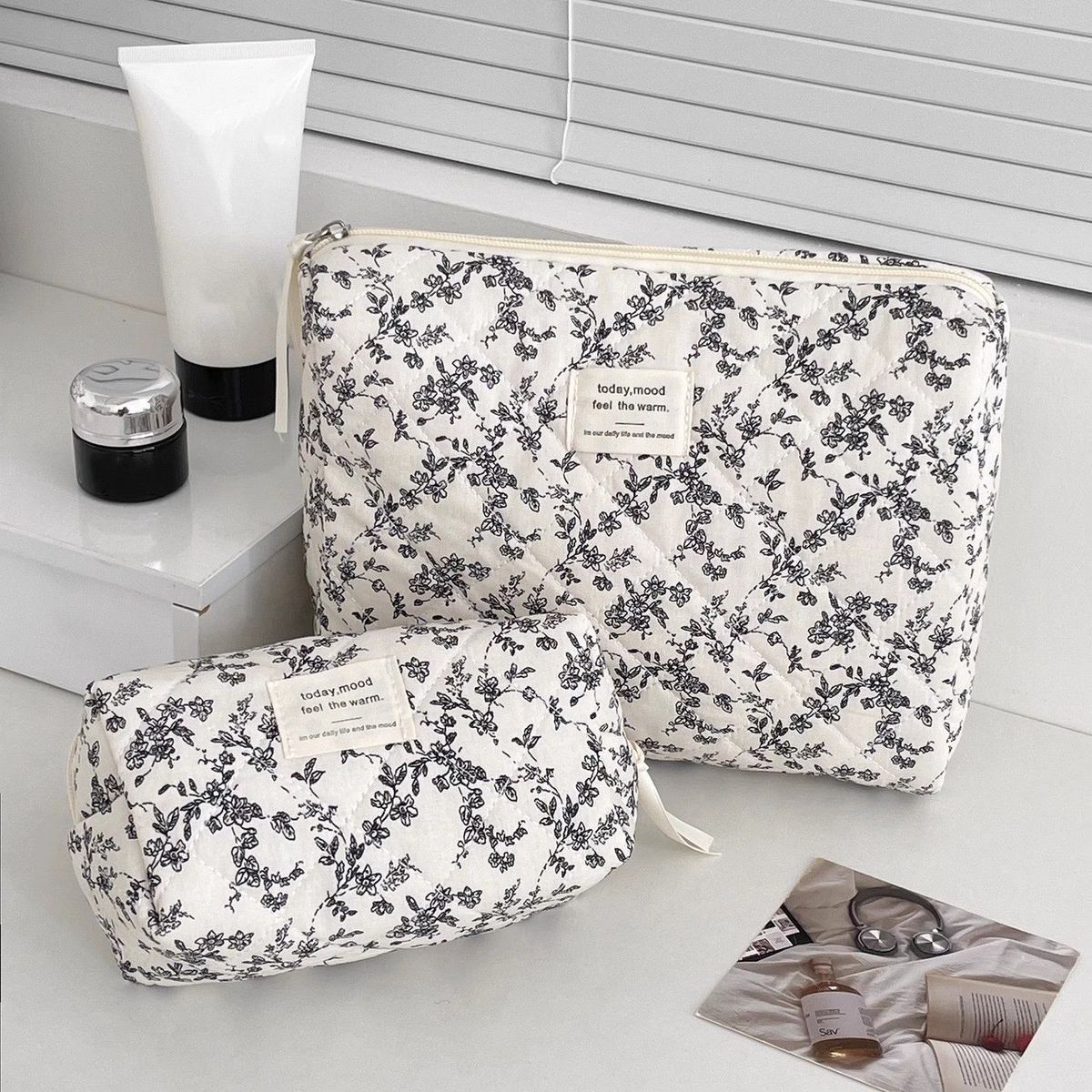 3 Pcs Cotton Quilted Makeup Bag Set (Black & White)