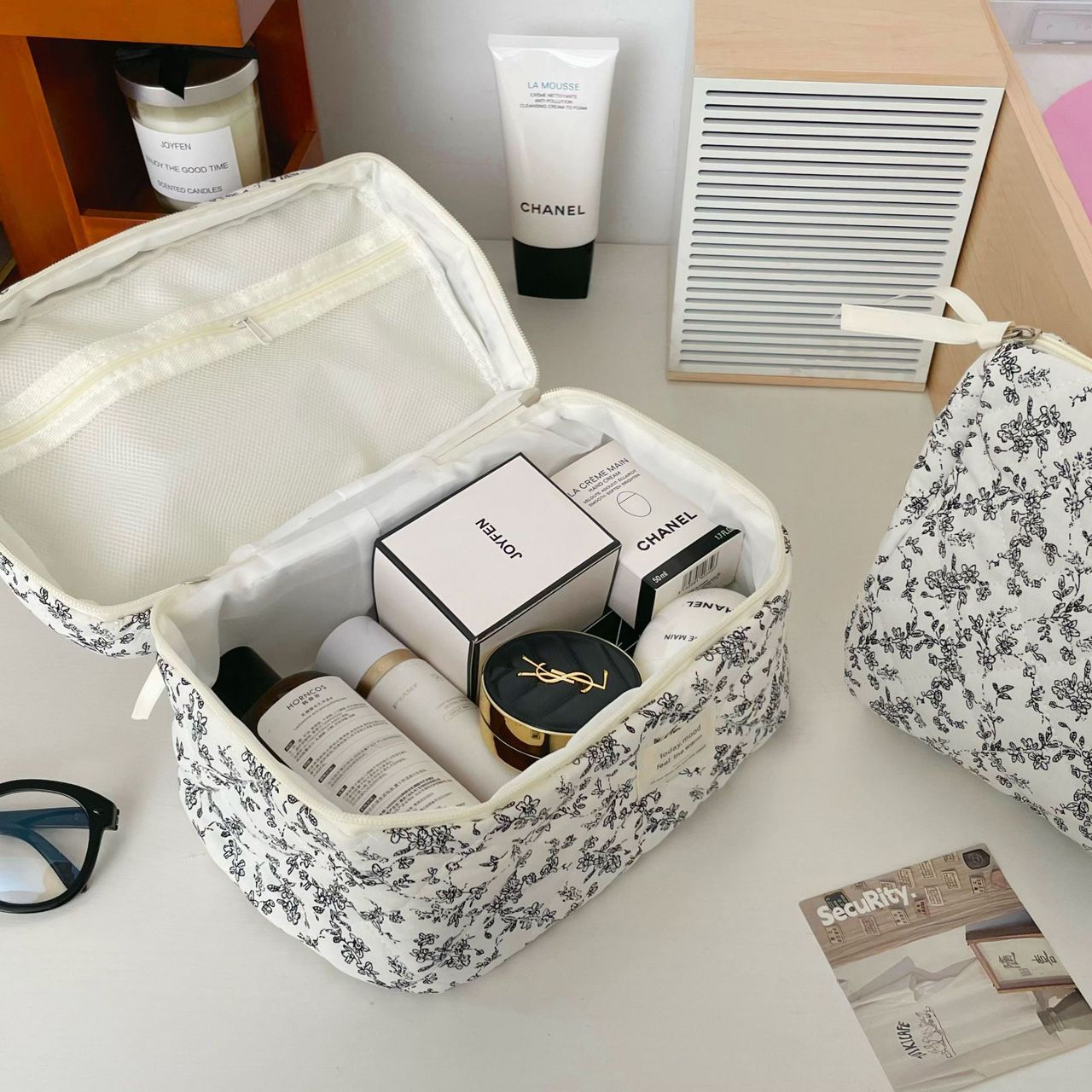 3 Pcs Cotton Quilted Makeup Bag Set, Floral and Cute Travel Cosmetic Organizer, Large Toiletry Bag for Women Girls