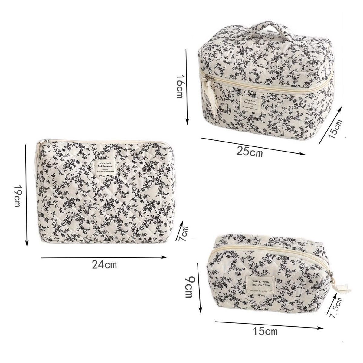 3 Pcs Cotton Quilted Makeup Bag Set (Black & White)