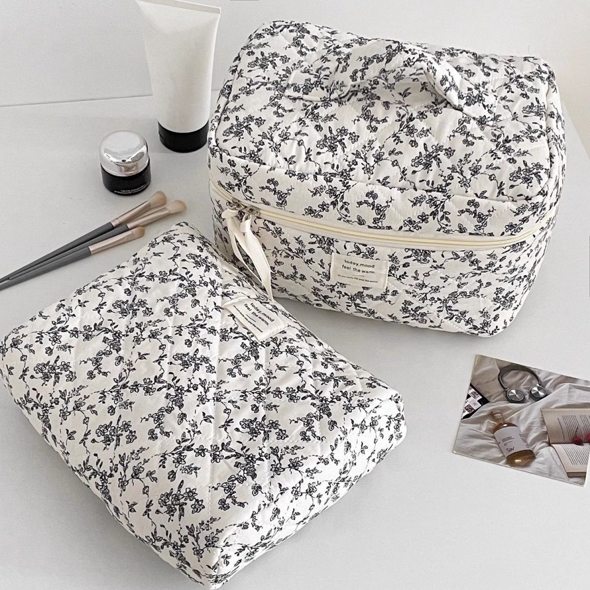 3 Pcs Cotton Quilted Makeup Bag Set (Black & White)