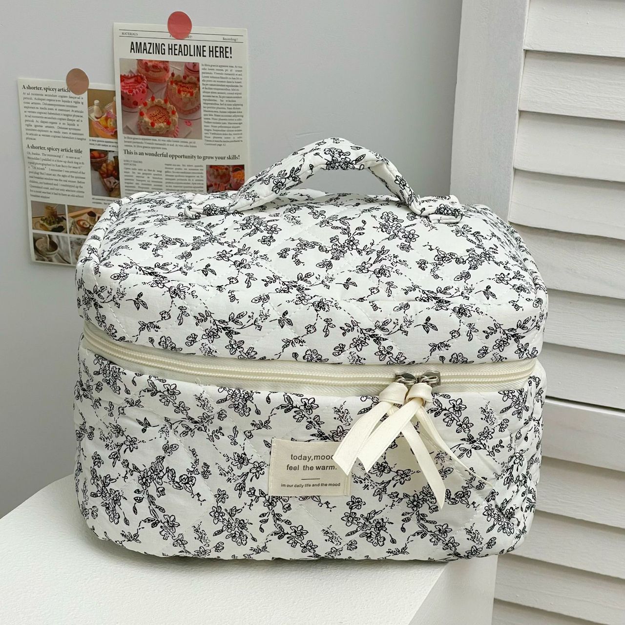 3 Pcs Cotton Quilted Makeup Bag Set, Floral and Cute Travel Cosmetic Organizer, Large Toiletry Bag for Women Girls