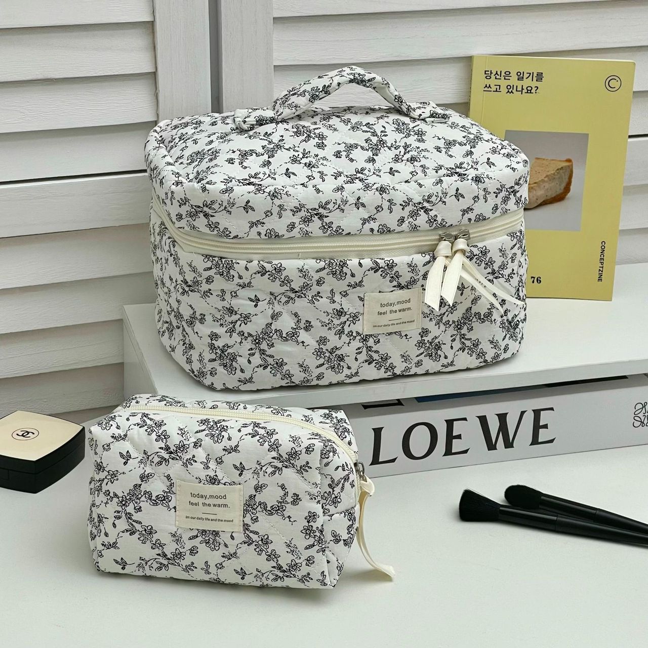 3 Pcs Cotton Quilted Makeup Bag Set (Black & White)