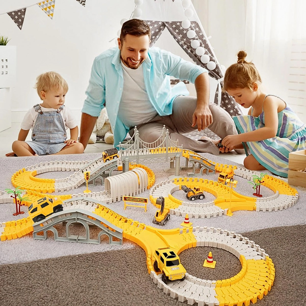326 PCS Construction Race Tracks for Kids Toys, 2 Electric Cars, 4 Construction Cars, 1 Map & Flexible DIY Track Set, Engineering Gifts for 3 4 5 6 Year Old Boys Girls