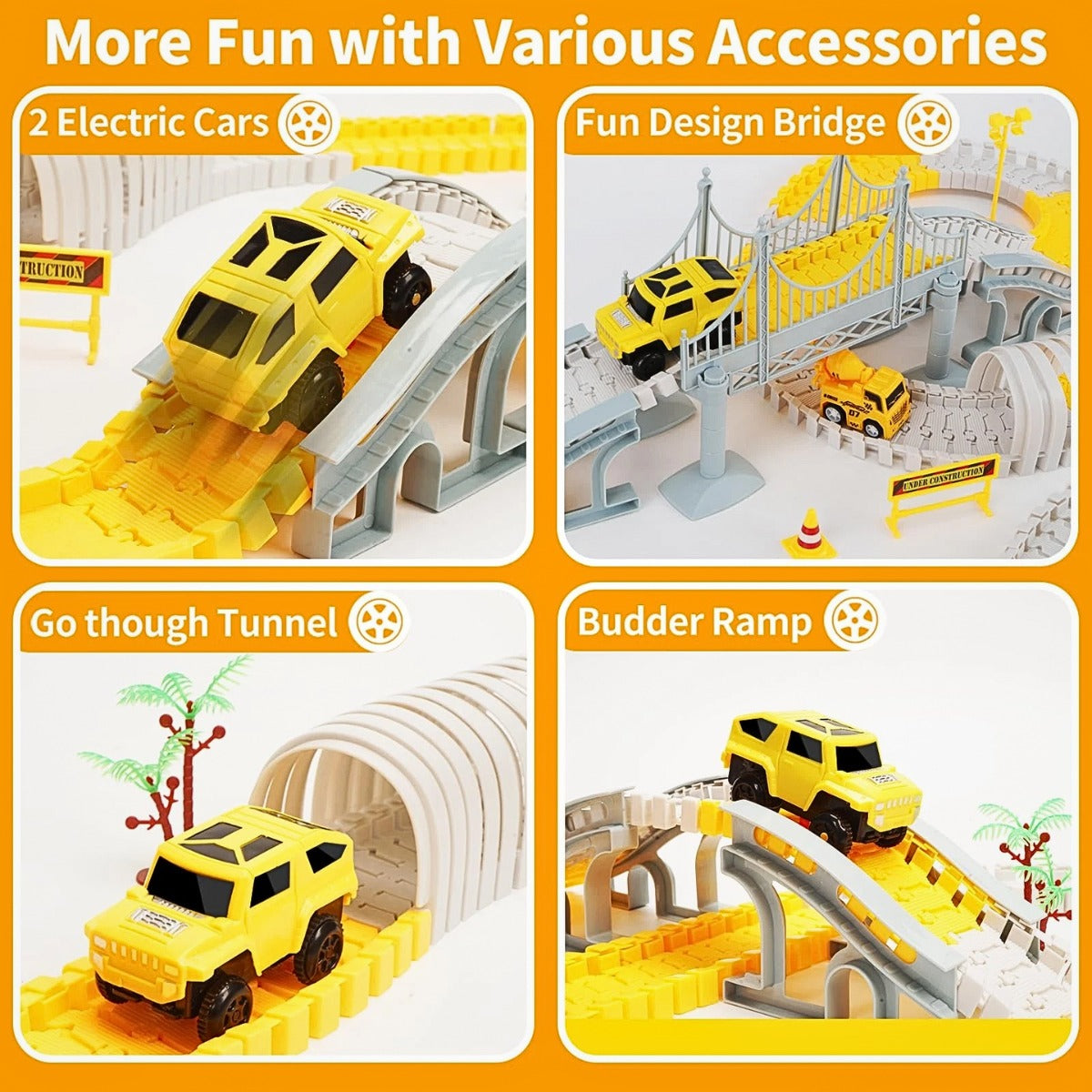 326 PCS Construction Race Tracks for Kids Toys, 2 Electric Cars, 4 Construction Cars, 1 Map & Flexible DIY Track Set, Engineering Gifts for 3 4 5 6 Year Old Boys Girls