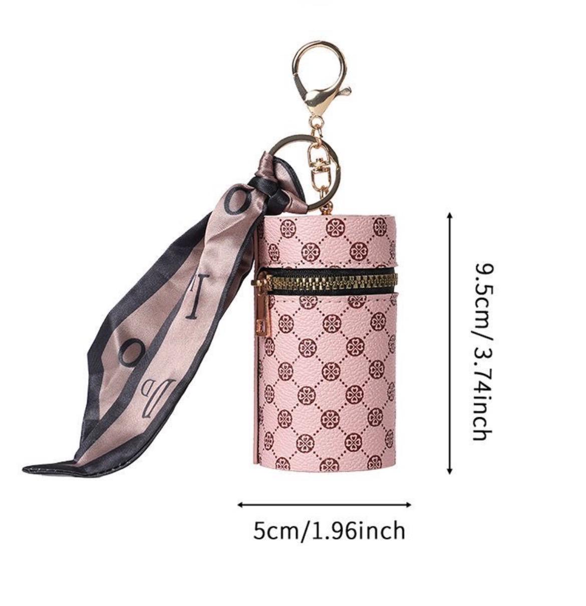 Monogram Print Leather Keychain Wallet – Mini Zipper Pouch with Silk Scarf Charm