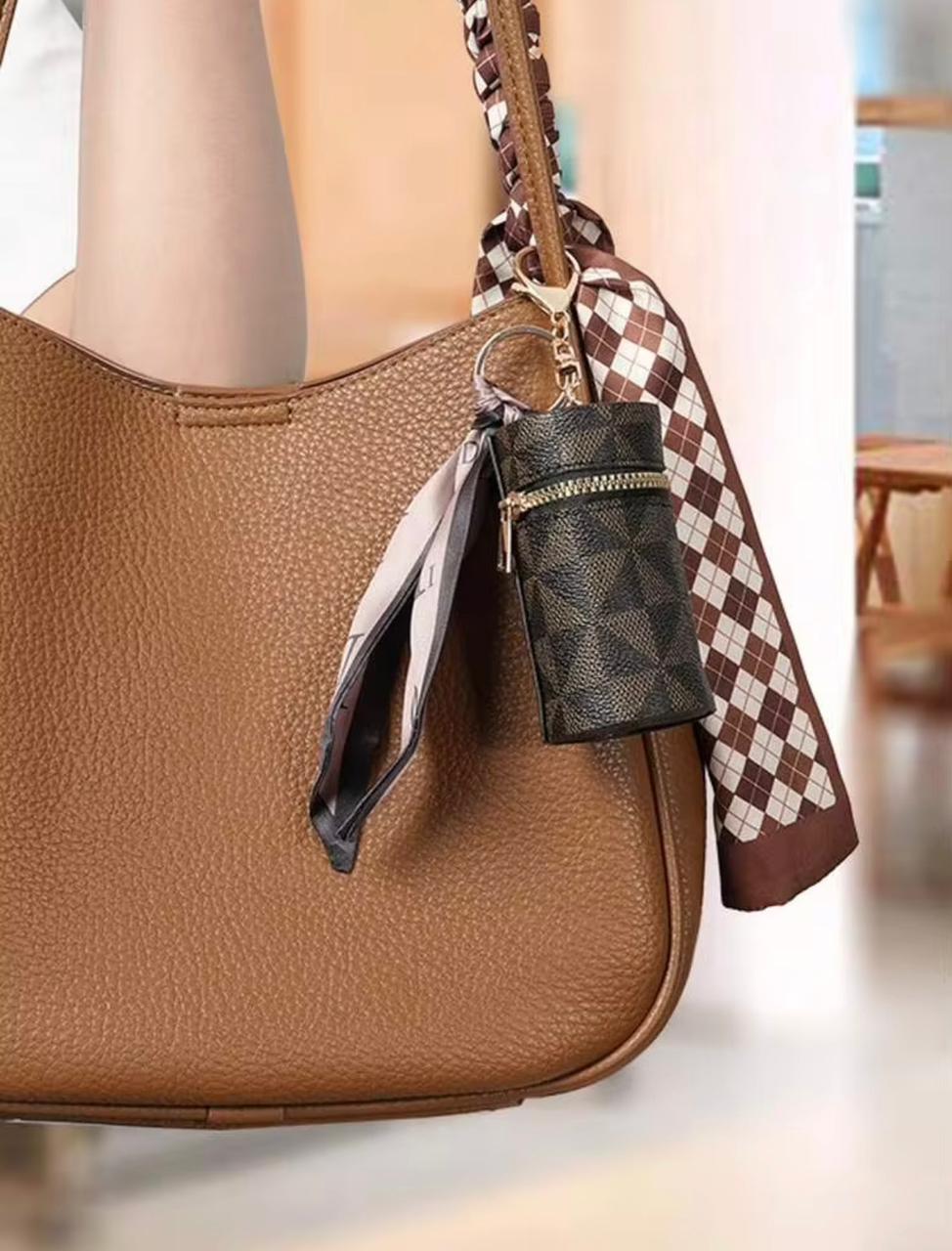 Monogram Print Leather Keychain Wallet – Mini Zipper Pouch with Silk Scarf Charm