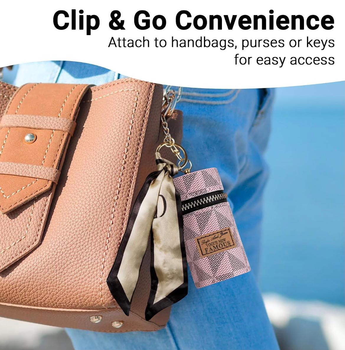 Monogram Print Leather Keychain Wallet – Mini Zipper Pouch with Silk Scarf Charm