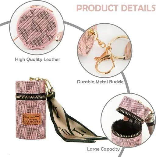 Monogram Print Leather Keychain Wallet – Mini Zipper Pouch with Silk Scarf Charm