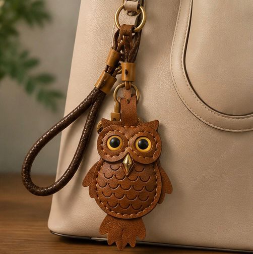 Handmade Brown Owl Leather Keychain – Cute Owl Bag Charm & Stylish Key Ring