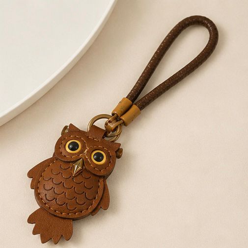 Handmade Brown Owl Leather Keychain – Cute Owl Bag Charm & Stylish Key Ring