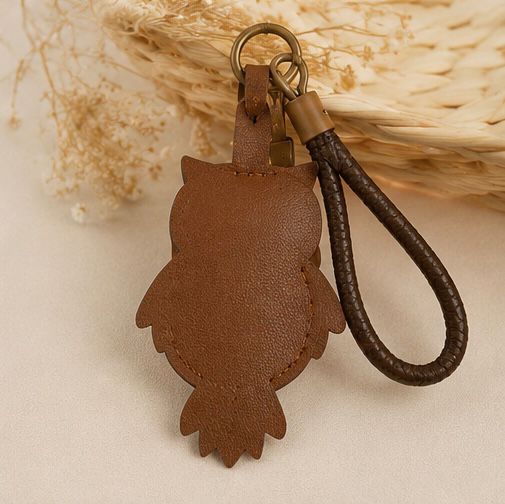 Handmade Brown Owl Leather Keychain – Cute Owl Bag Charm & Stylish Key Ring